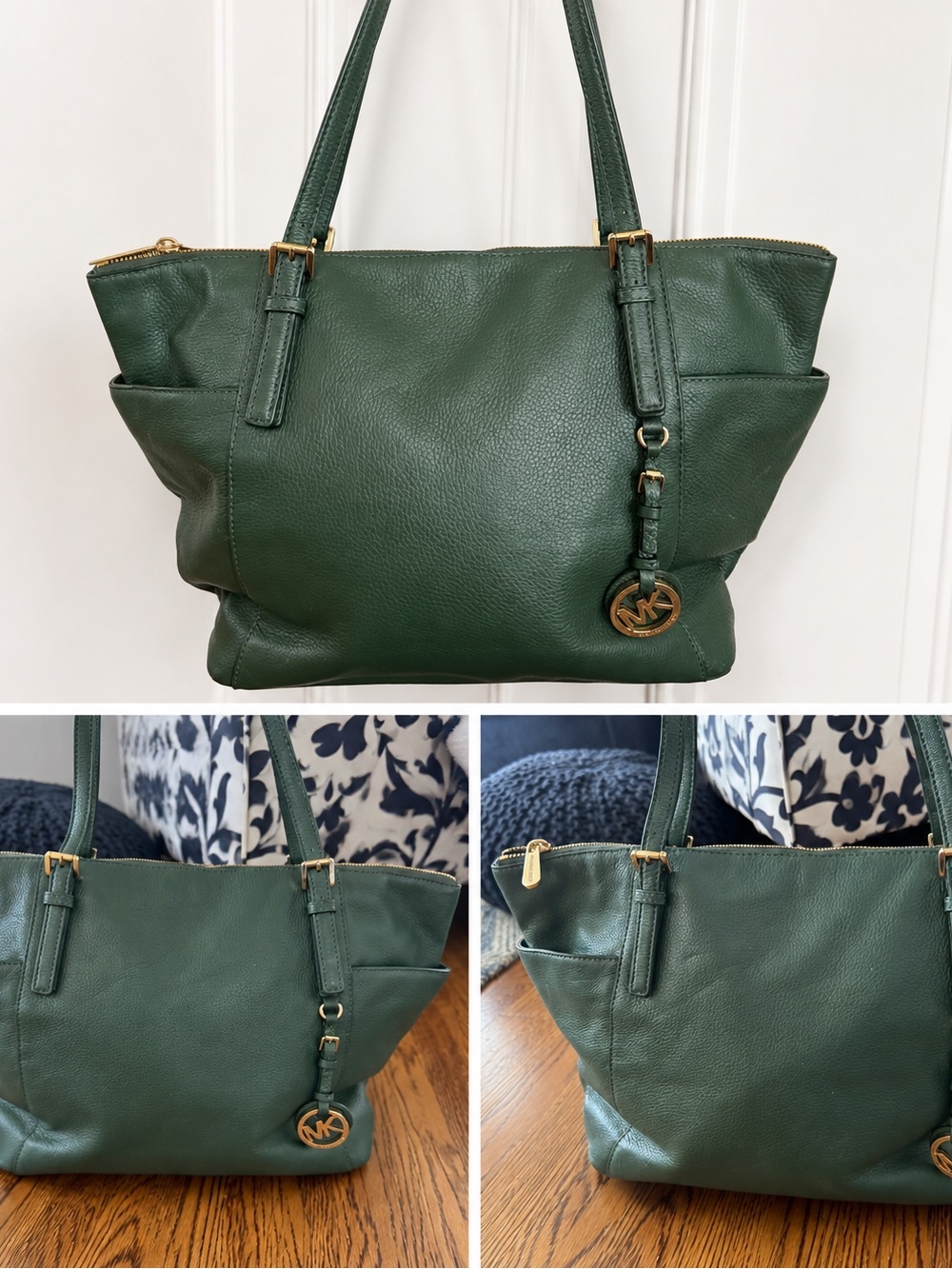 Michael Kors Deep Green Pebbled Leather Tote with Gold Logo Charm